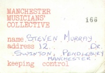 Membership card for Manchester Musicians Collective