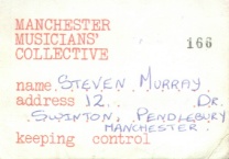 Membership card for Manchester Musicians Collective